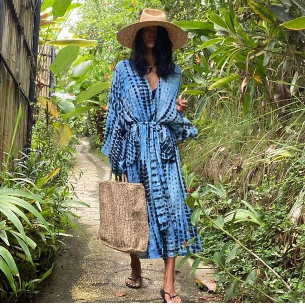 Boho Tie Dye Blue Beach Swim Coverup Maxi Duster Front Tie Flowy Ombre